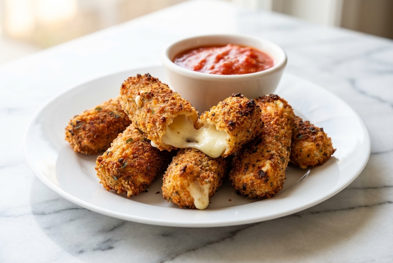 Golden baked mozzarella sticks, perfectly sealed with a cornstarch slurry to prevent cheese leaks, served with marinara sauce.