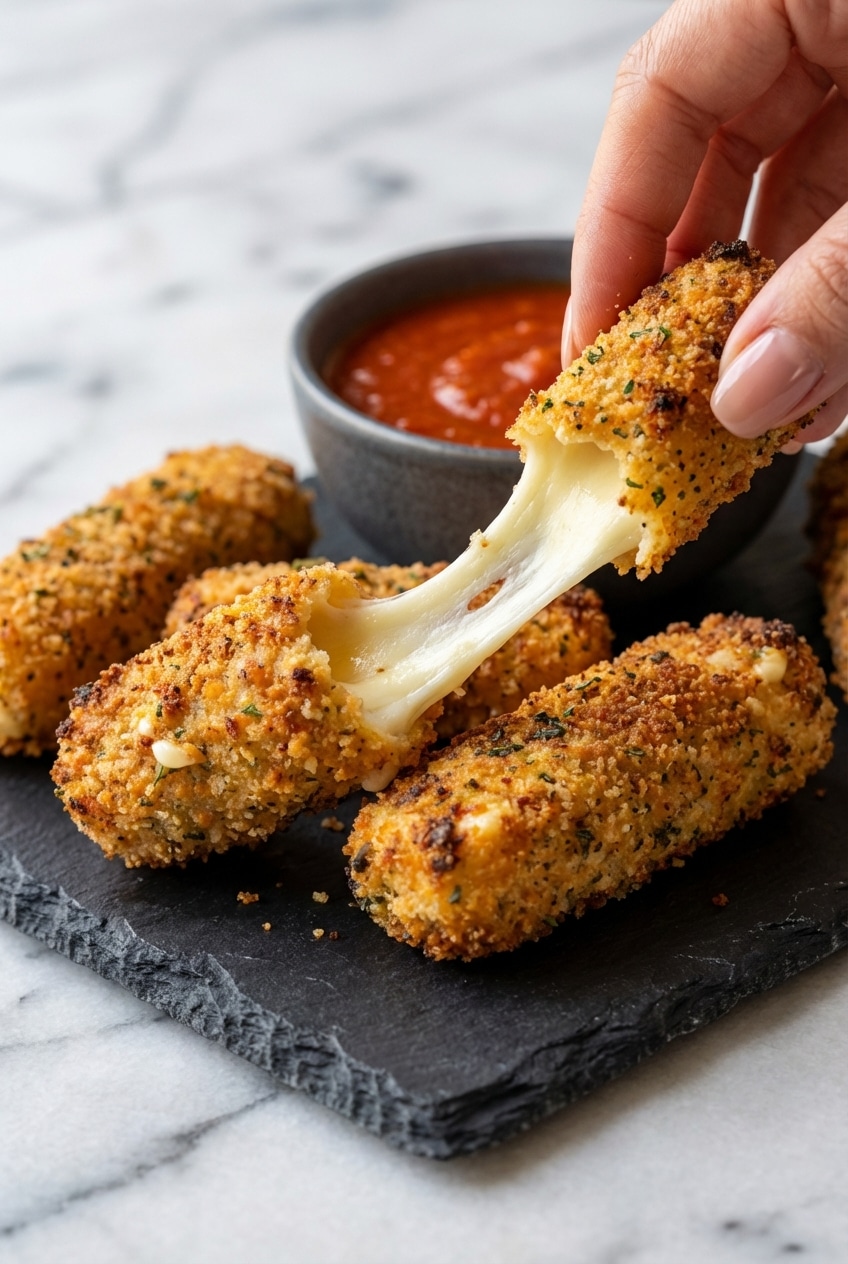 A close-up of a perfectly golden baked mozzarella stick, showing the crunchy panko breadcrumb coating that keeps the cheese inside.