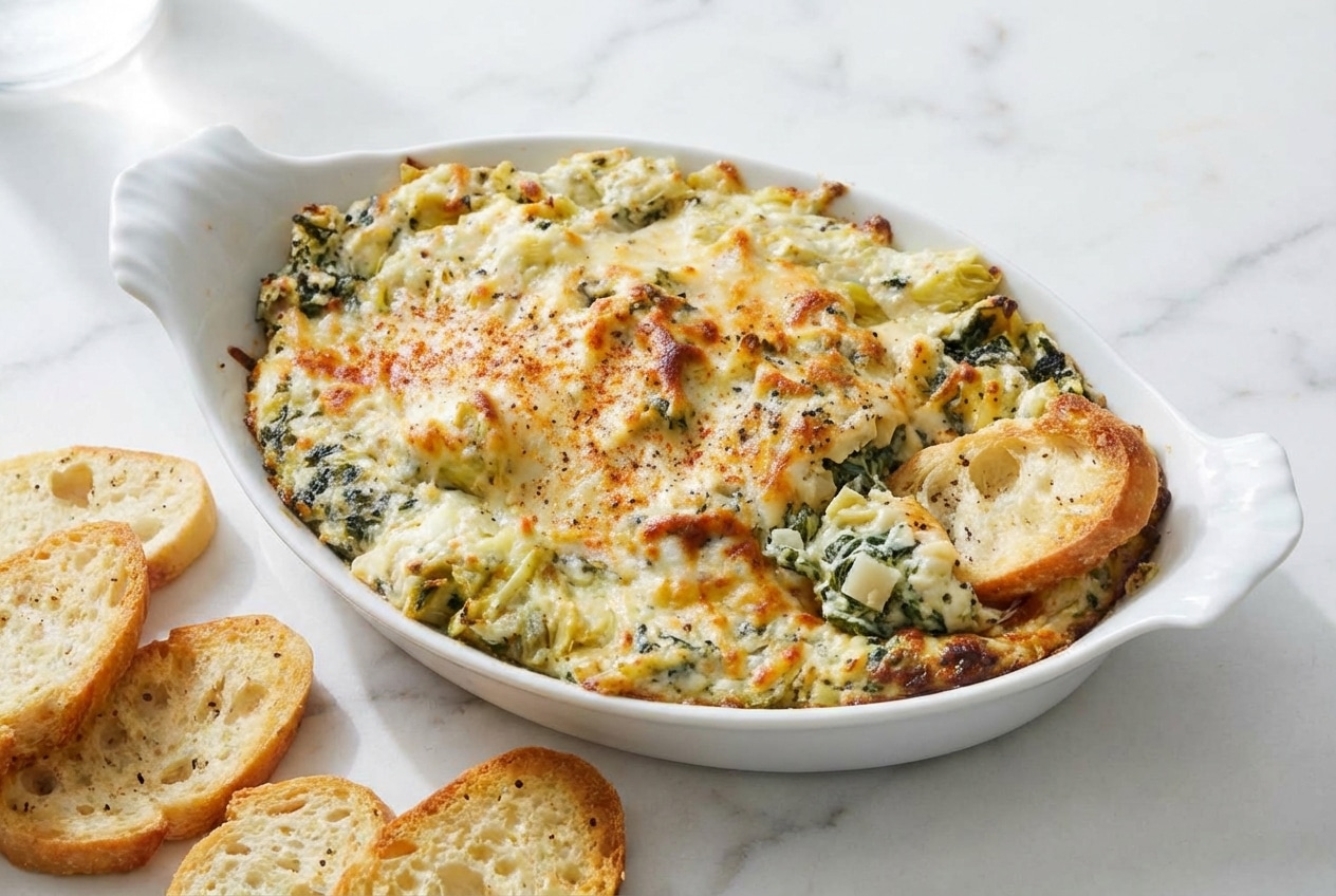 Bubbly spinach artichoke dip topped with smoked paprika and crunchy water chestnuts in a white ceramic baking dish.