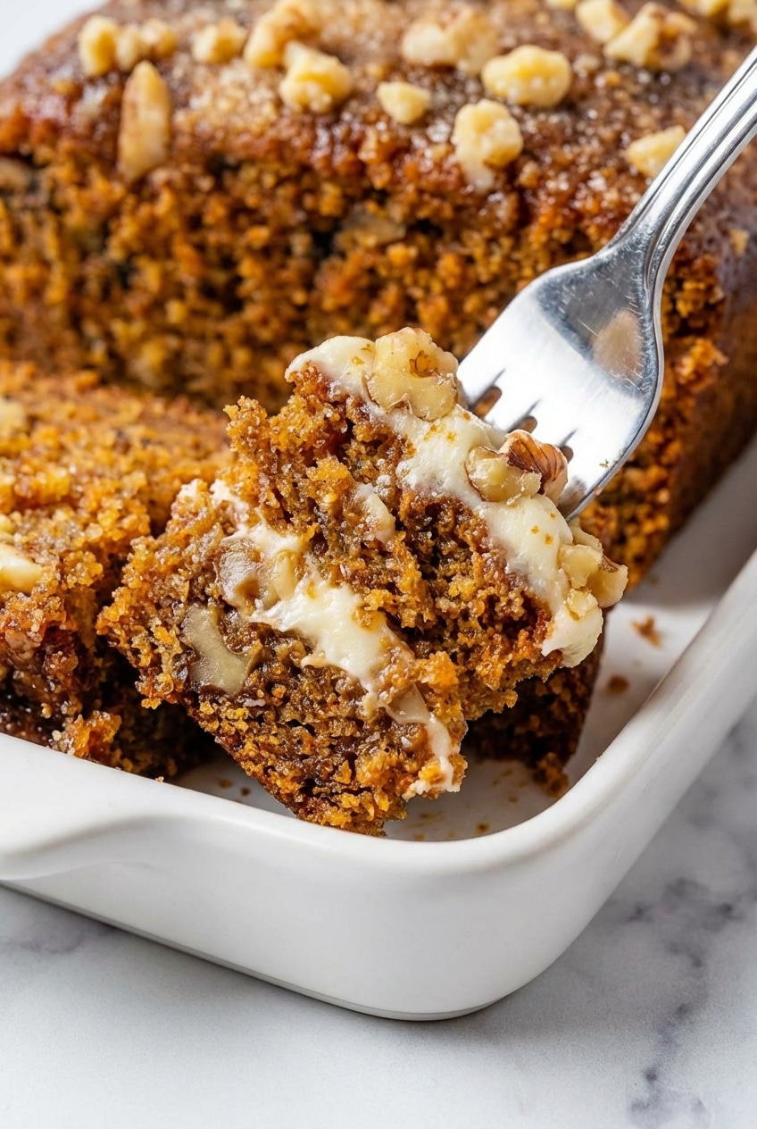Carrot cake loaf lifted from a tin using a parchment paper sling to show the perfectly baked golden edges.