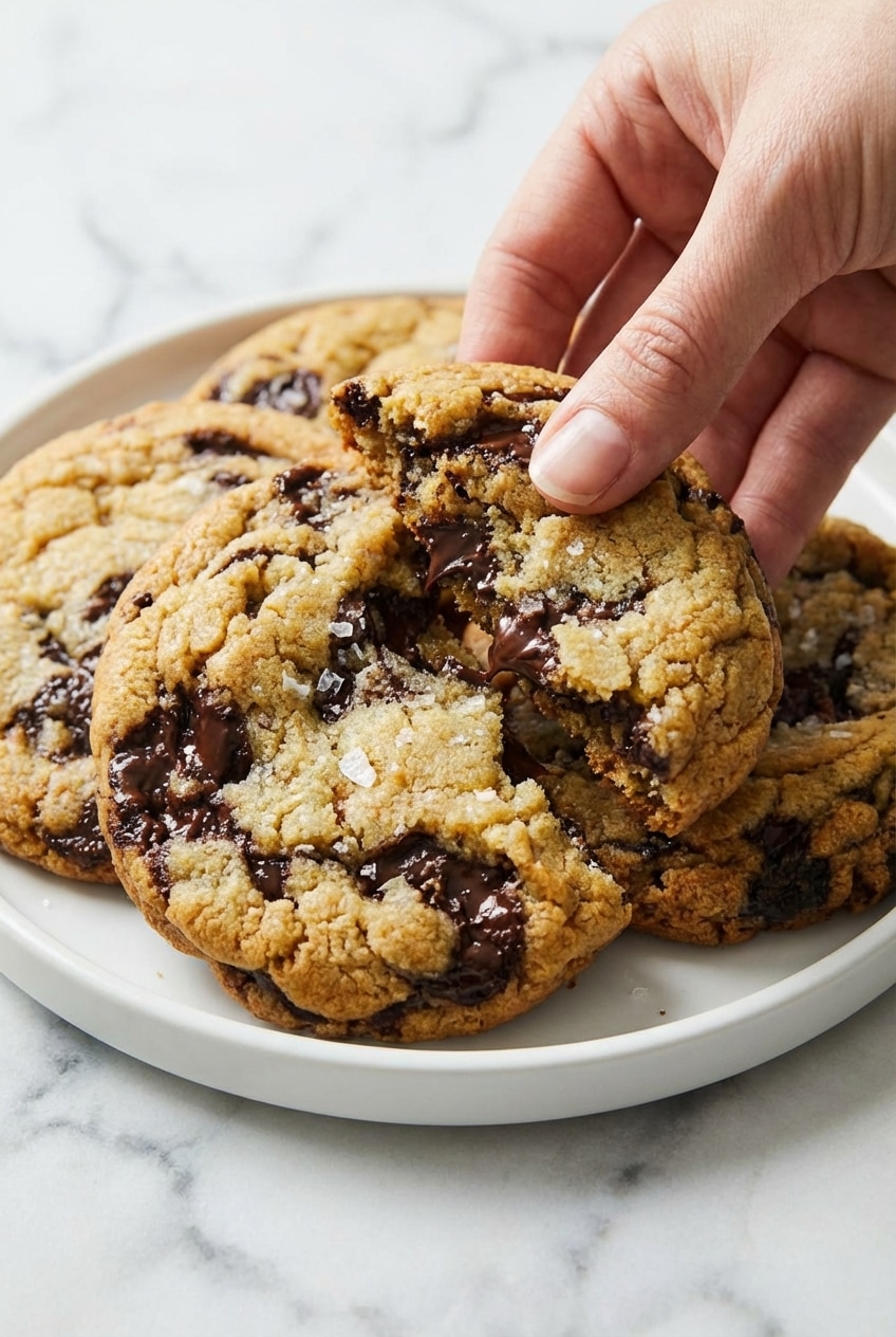 Close-up view of sea salt chocolate chip cookies showcasing the wrinkled surface and caramelized edges from the Maillard reaction.