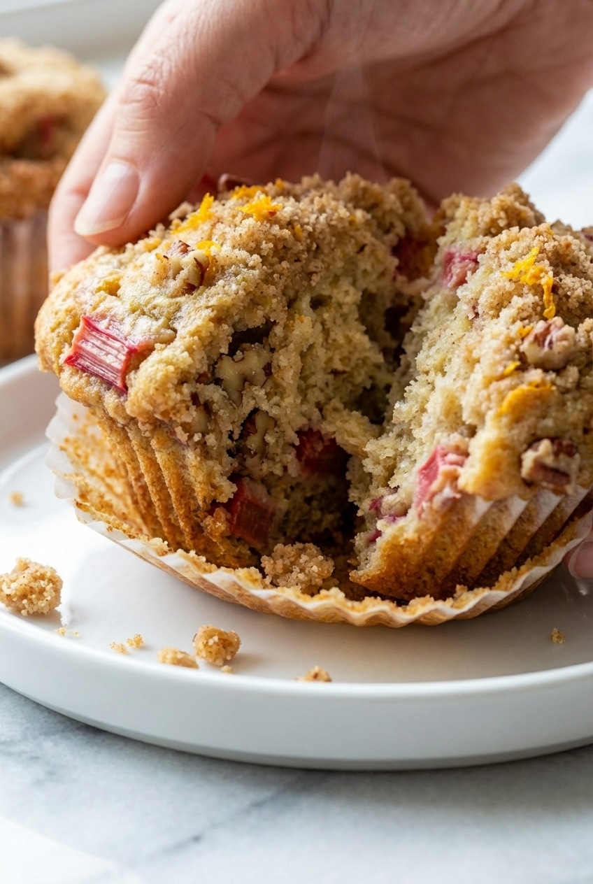 Close-up of tall rhubarb muffins with high domes and crunchy streusel in a muffin tin.