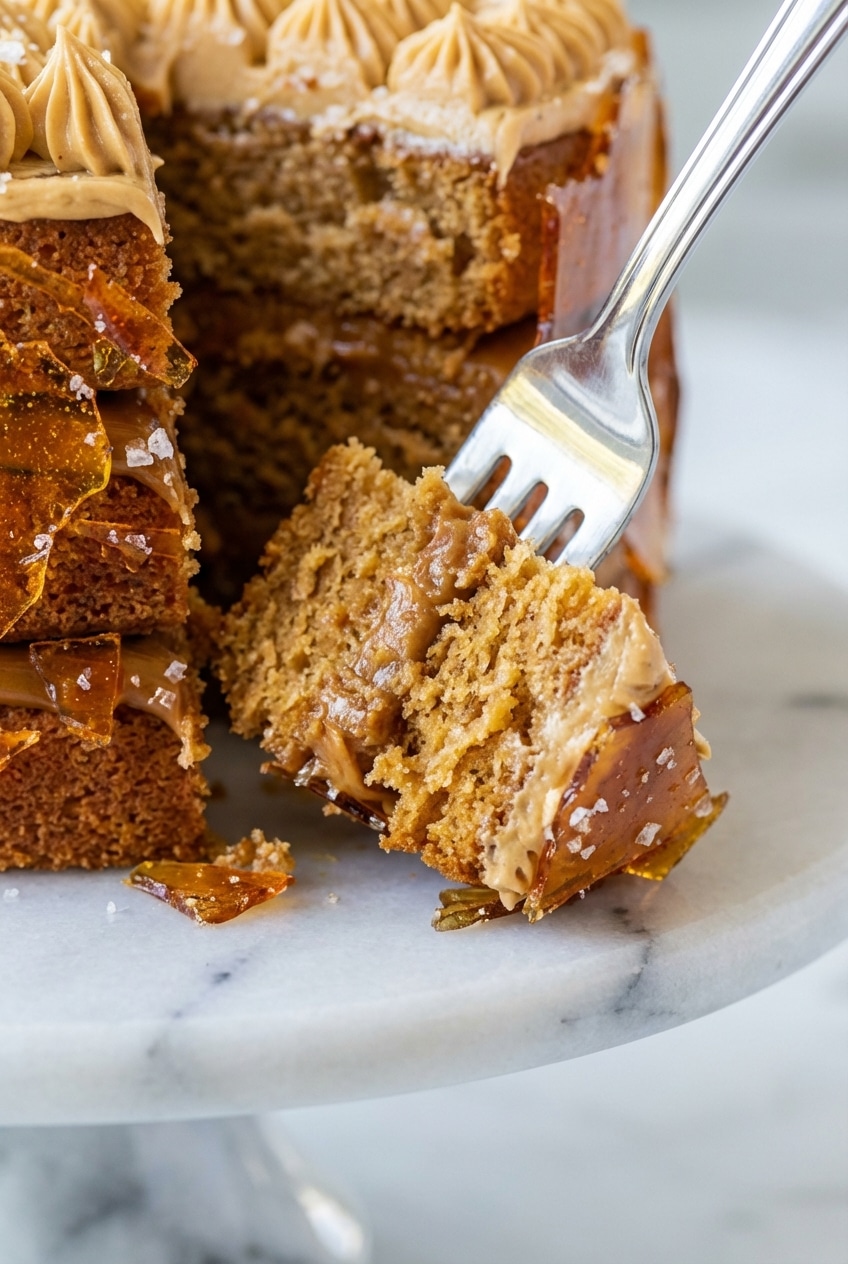 Freshly baked layers of dulce de leche cake resting on a wire cooling rack next to a stand mixer and an offset spatula.