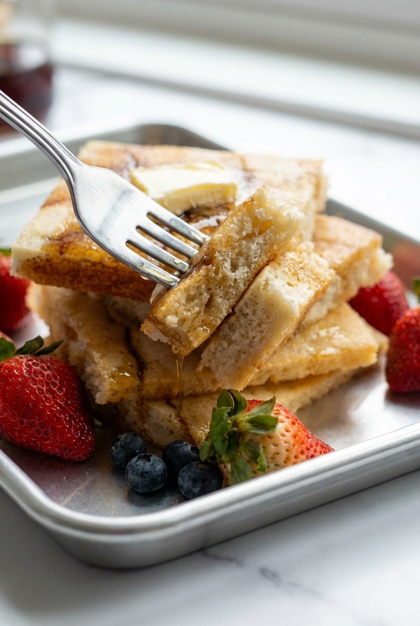 Pouring batter onto parchment paper to bake fluffy sheet pan pancakes on a rimmed baking sheet.