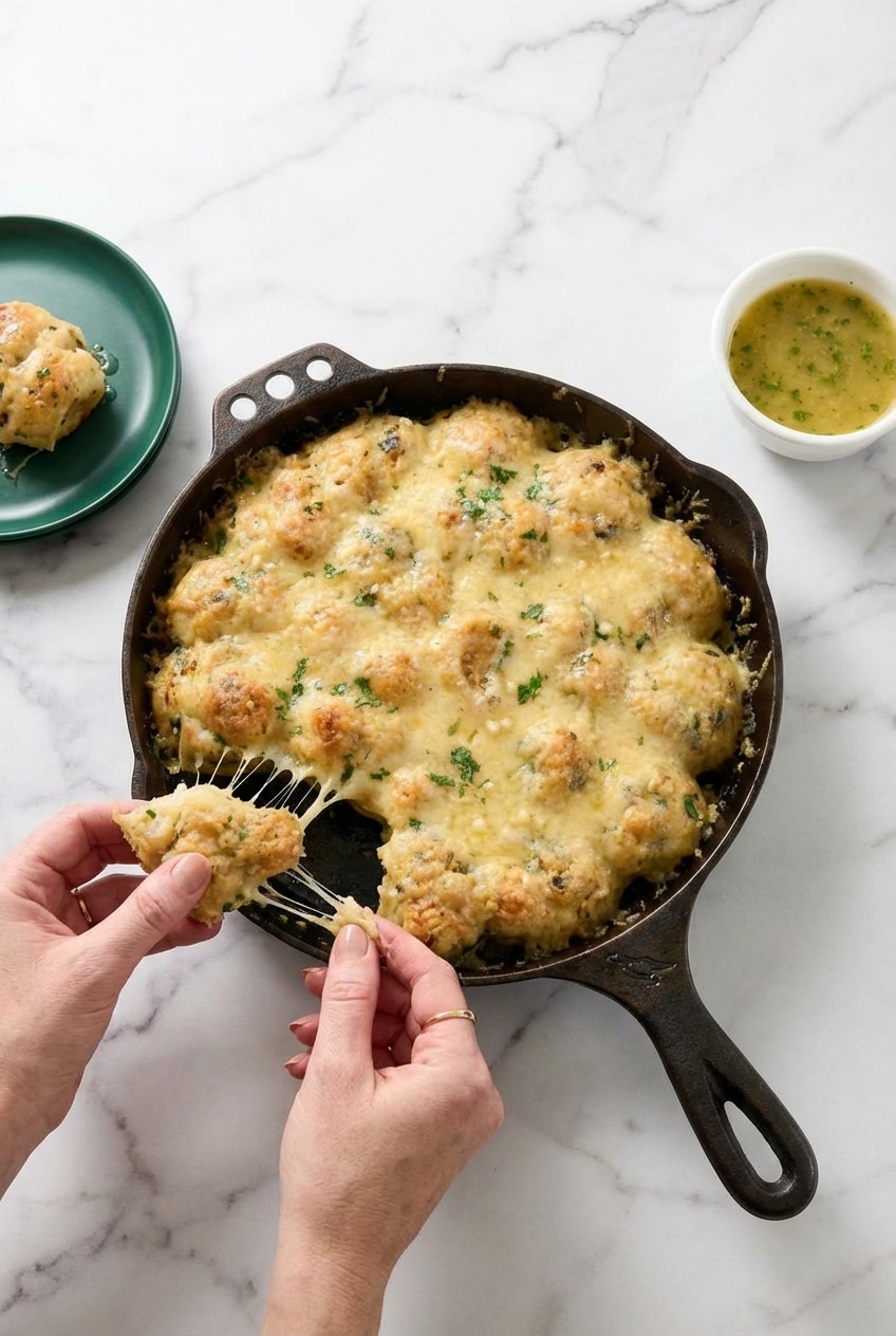 A batch of golden garlic knots arranged closely together in a seasoned black cast iron skillet.