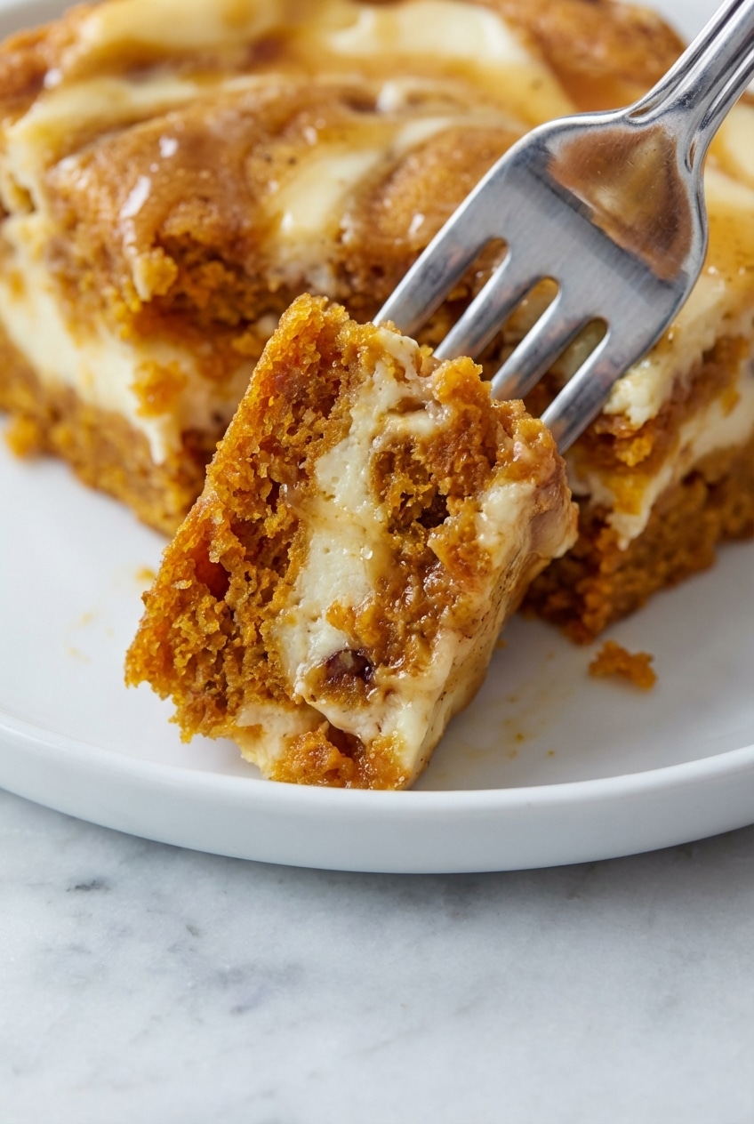 Golden brown carrot cake bars with a cream cheese swirl cooling on a wire rack for a perfect texture.