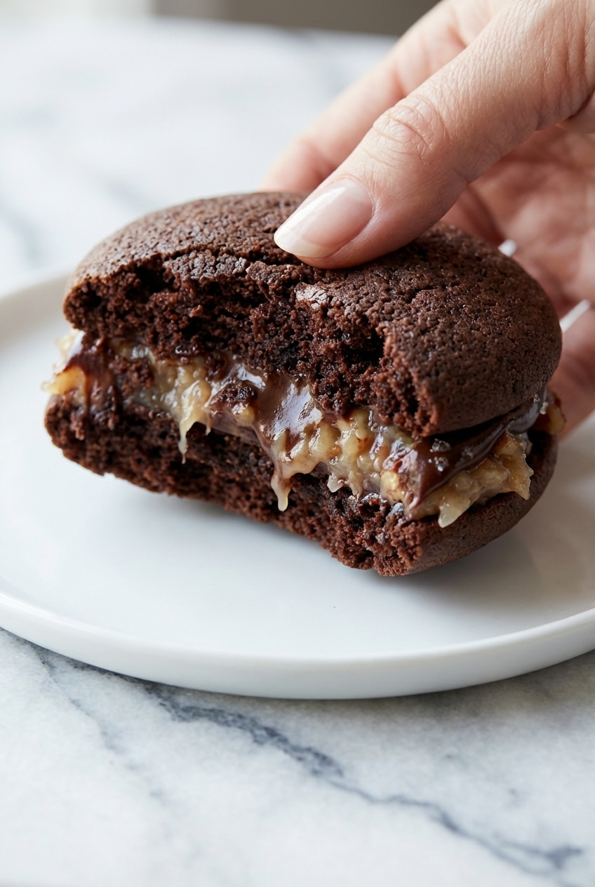 German chocolate whoopie pies cooling on a wire rack after being baked on parchment paper.
