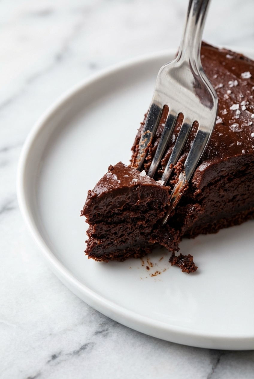 Checking the internal temperature of a baked flourless chocolate cake to ensure a perfectly fudgy texture.