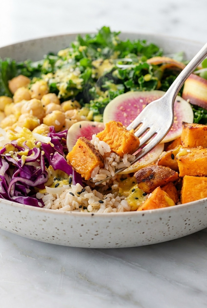Assembled Buddha bowl showing balanced layers of complex carbohydrates and caramelized roasted vegetables.