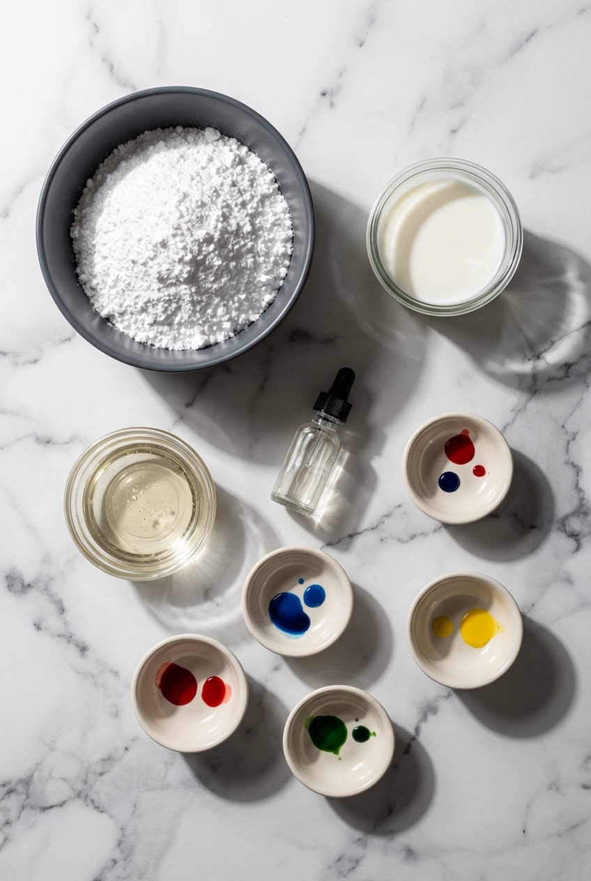 Overhead view of confectioners' sugar, light corn syrup, and meringue powder for sugar cookie icing.