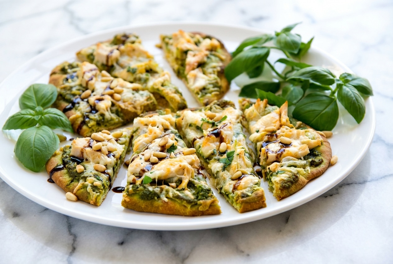 Chicken pesto flatbread on naan topped with a dark balsamic glaze drizzle and crunchy toasted pine nuts.