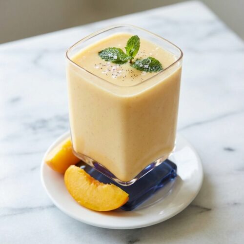 Creamy banana peach smoothie in a glass, accented with floral salt and vanilla bean specks.