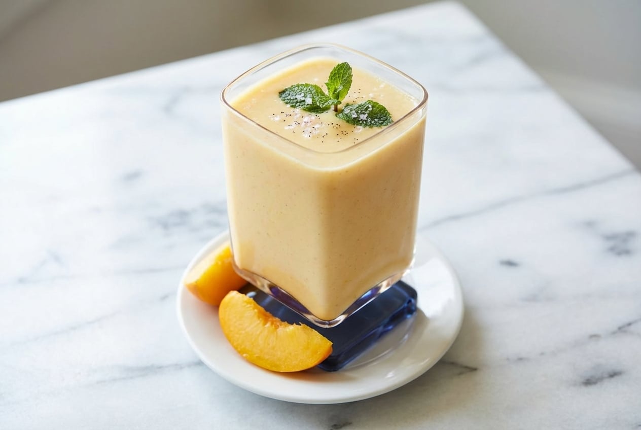 Creamy banana peach smoothie in a glass, accented with floral salt and vanilla bean specks.