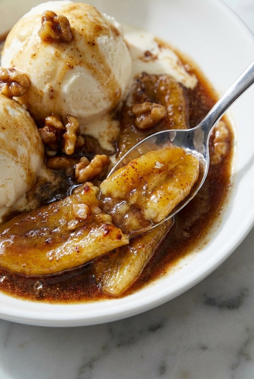 Close up of bananas foster caramelization in a skillet illustrating the Maillard reaction.