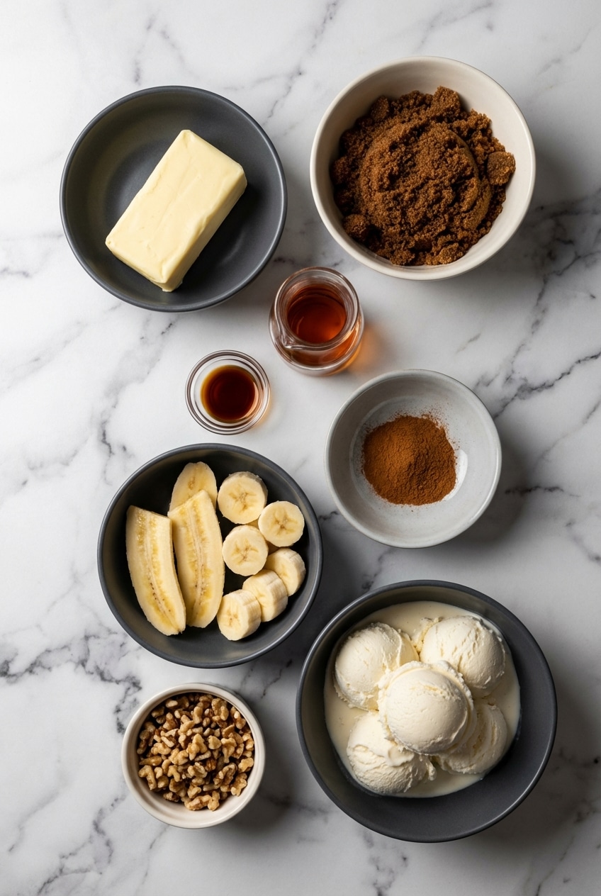 Flat lay of bananas, dark rum, brown sugar, cinnamon sticks, and walnuts for bananas foster.