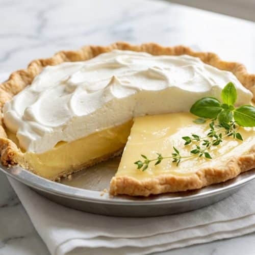 Lemon sour cream pie with a basil-infused custard filling and a flaky golden butter crust.