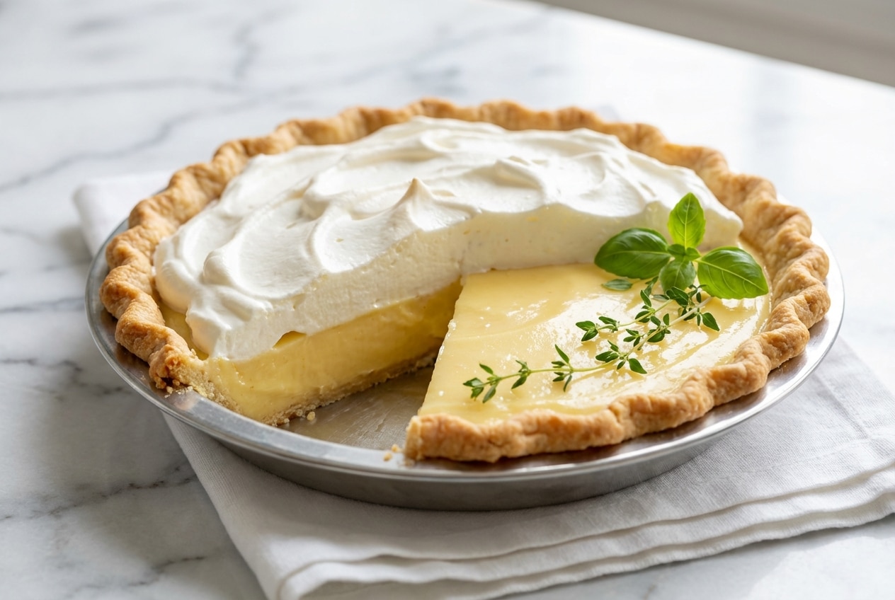 Lemon sour cream pie with a basil-infused custard filling and a flaky golden butter crust.