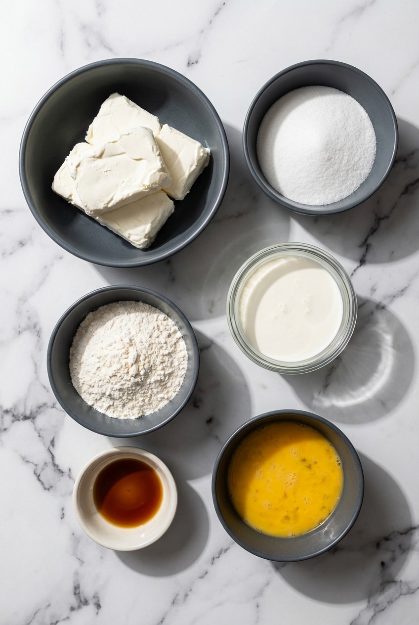 Raw ingredients for Basque Cheesecake including heavy cream, caster sugar, and malted milk powder in a flat lay.