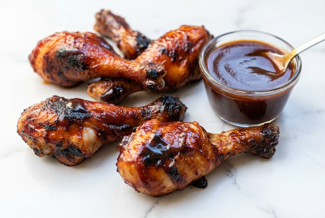Glazed bbq chicken drumsticks with caramelized skin from an apple cider vinegar spritz and high-heat finish.