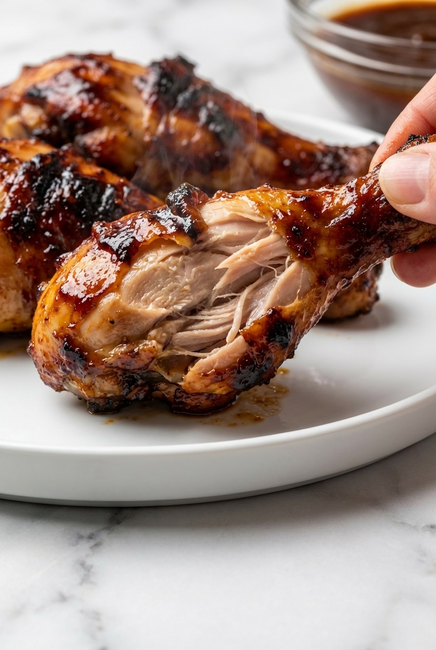 Close-up of the crispy skin and caramelization on bbq chicken drumsticks after the high-heat finish.