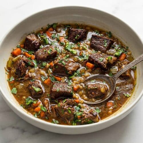 Hearty Beef Barley Soup featuring a rich double-umami mushroom and bone infusion with tender beef chuck roast.