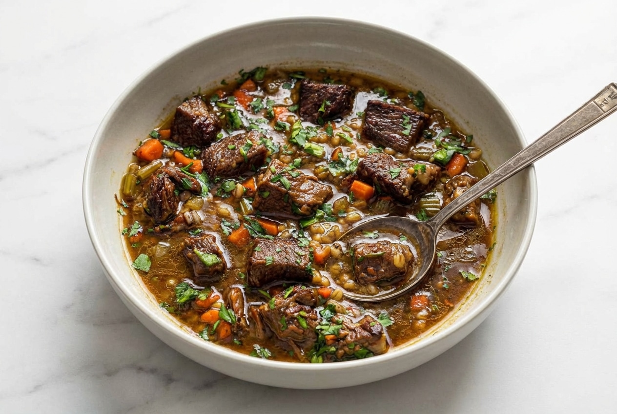 Hearty Beef Barley Soup featuring a rich double-umami mushroom and bone infusion with tender beef chuck roast.