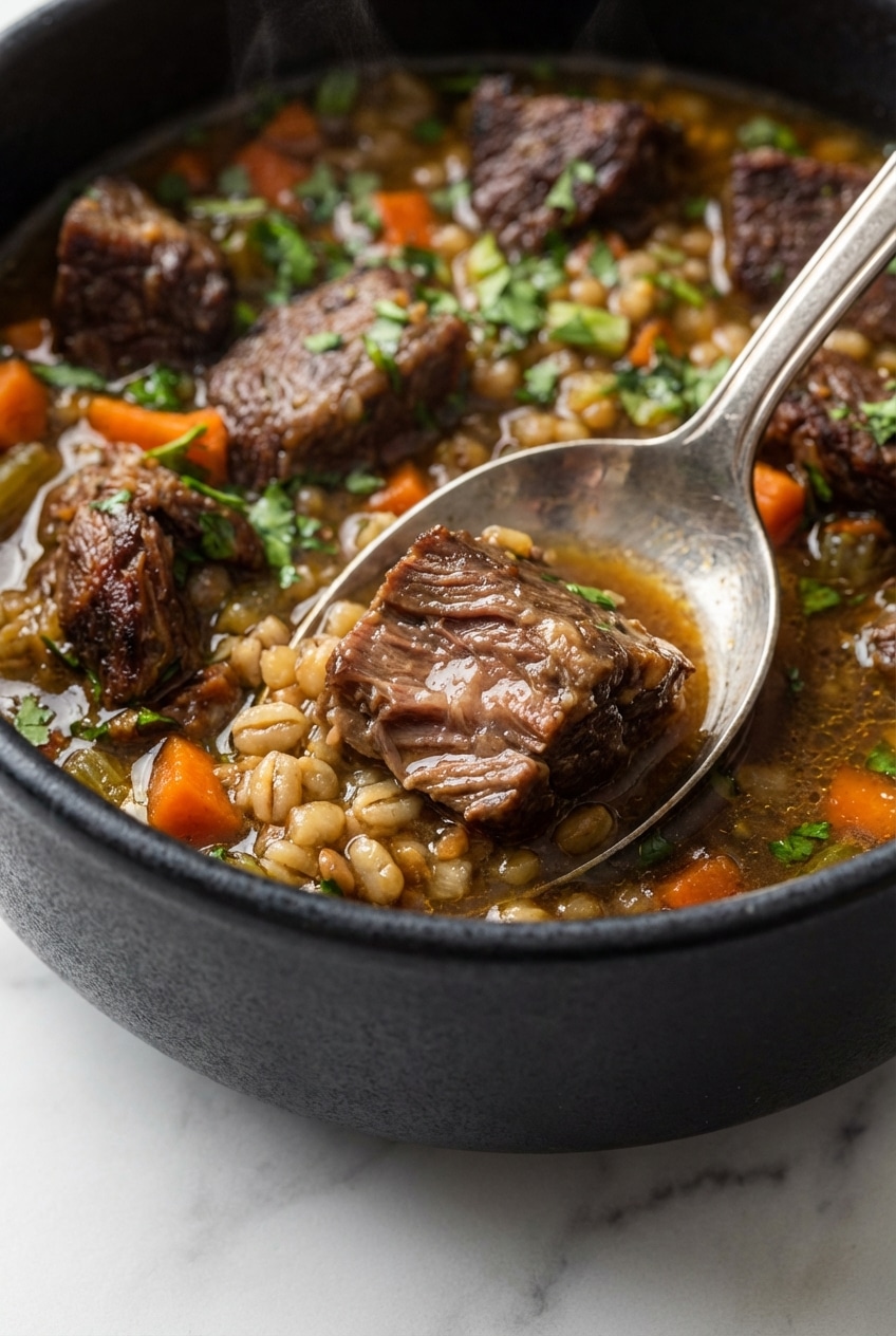 Close-up of Beef Barley Soup showing the rich broth color from the Maillard reaction and collagen conversion.