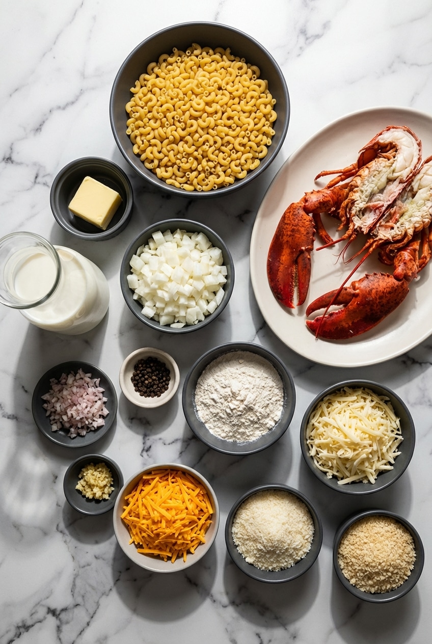 Ingredients for lobster mac and cheese recipe including cold water lobster, gruyere cheese, and sharp white cheddar.