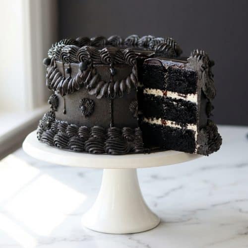 A slice of rich black velvet cake with white frosting, showing its dark crumb enhanced by a black cocoa and espresso 'Oreo' syrup soak.