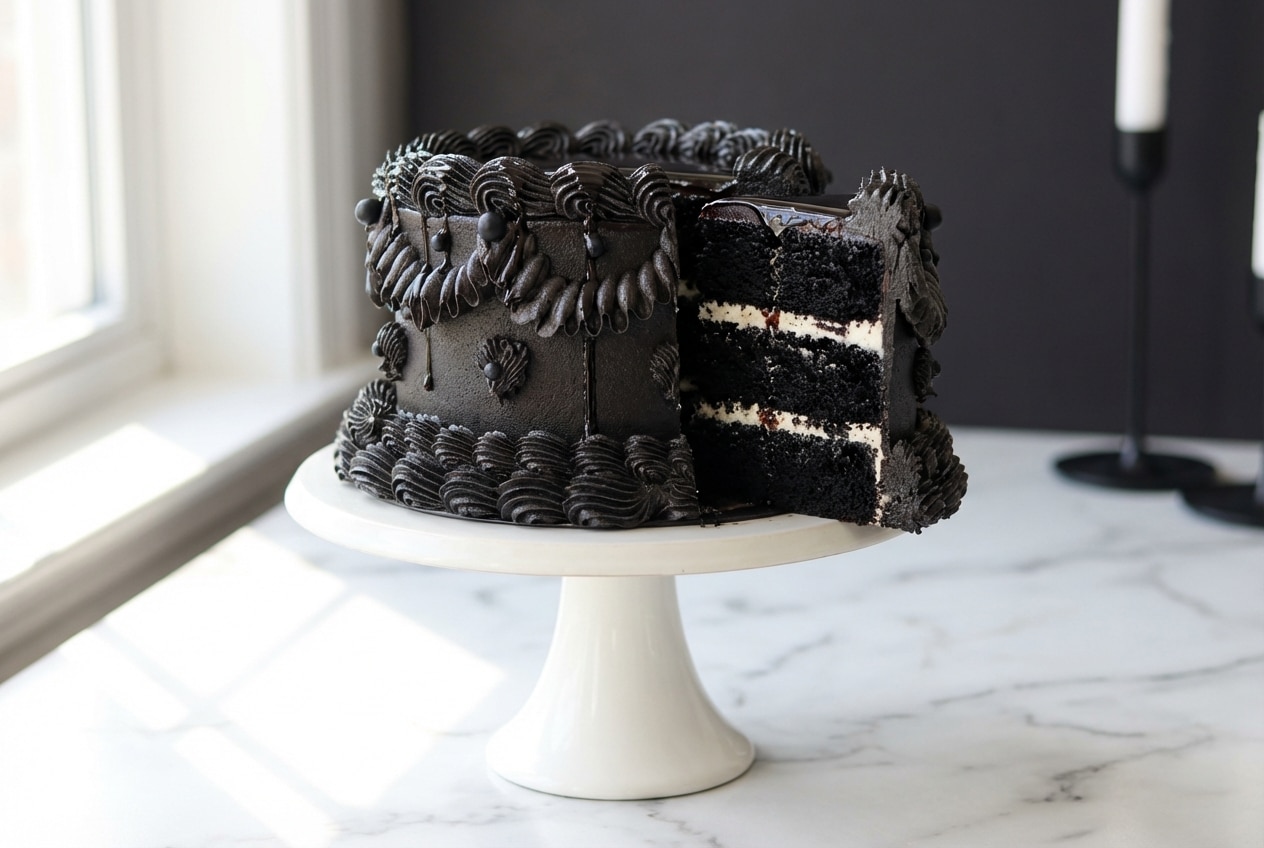 A slice of rich black velvet cake with white frosting, showing its dark crumb enhanced by a black cocoa and espresso 'Oreo' syrup soak.