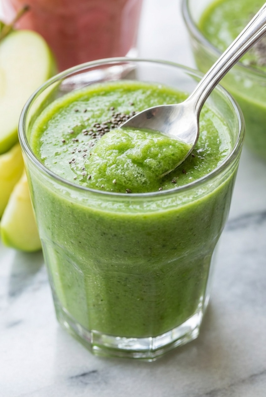 High-speed blender mixing a bright green pink salt detox smoothie until perfectly smooth and frothy.