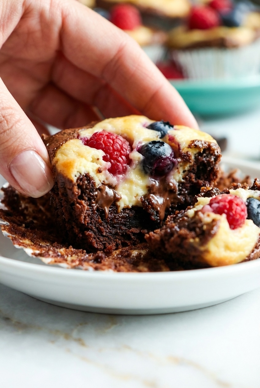Close-up of the moist crumb and gooey cheese center in these blintz brownie bites.