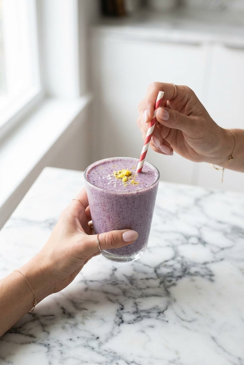 A refreshing Blueberry Banana Protein Smoothie served in a tall glass on a sunny kitchen counter, ready for immediate enjoyment.