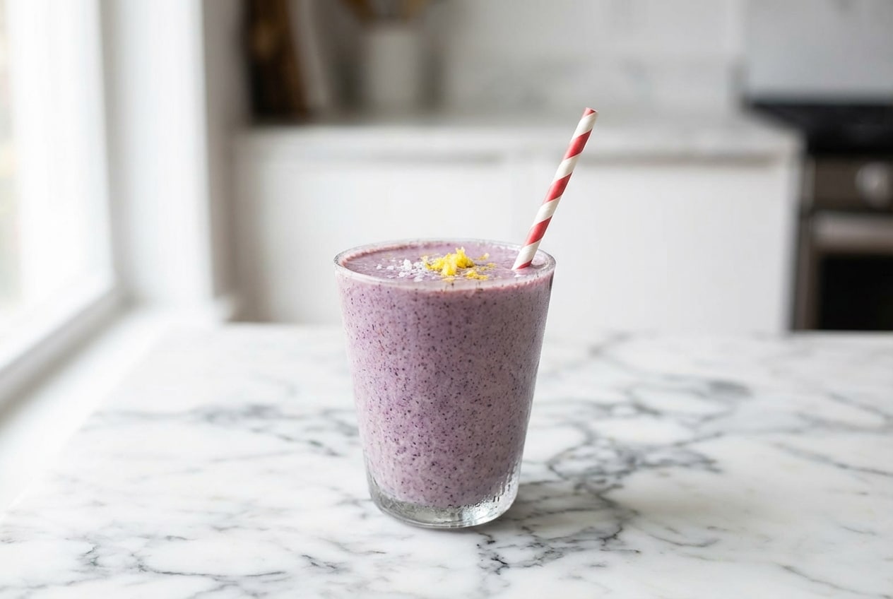 Frosty glass filled with a thick Blueberry Banana Protein Smoothie, garnished with lemon zest and sea salt to highlight the brightening twist.