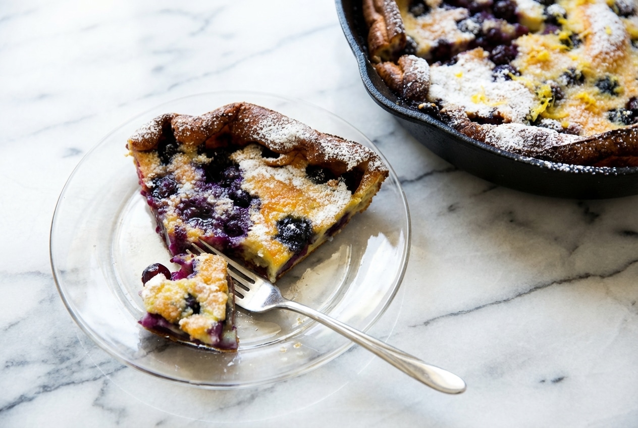 Puffed blueberry lemon dutch baby in a cast iron skillet with browned butter and lemon sugar crust.