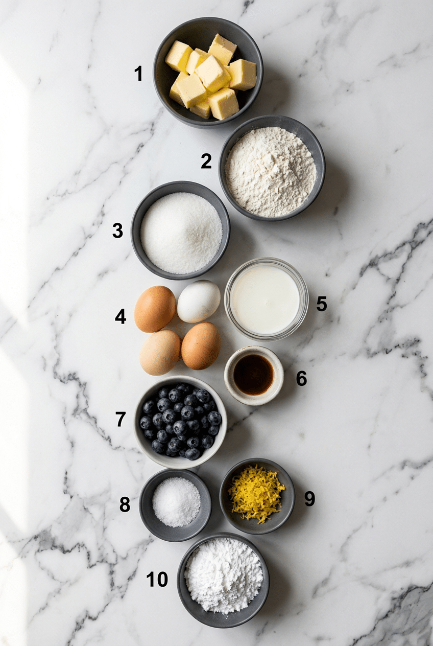 Overhead view of ingredients for a blueberry lemon dutch baby including fresh blueberries, lemon zest, eggs, and butter.