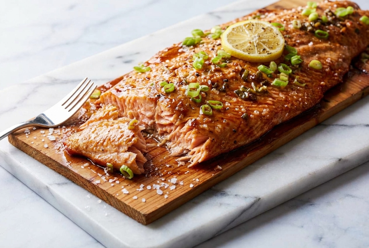Tender cedar plank salmon featuring a bourbon and sea salt infusion for a deep, smoky flavor profile.