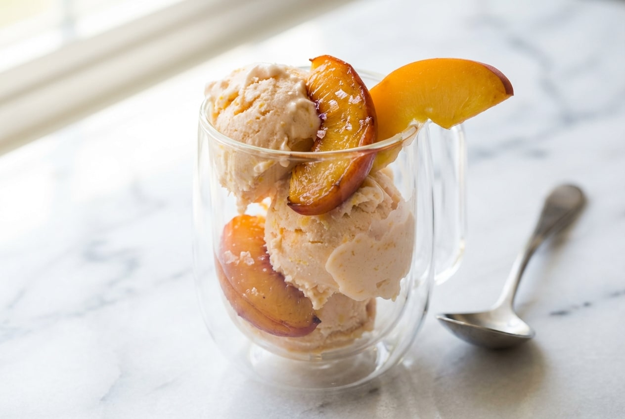 Creamy peach frozen yogurt topped with bourbon-infused roasted peach slices and a pinch of flaky sea salt.