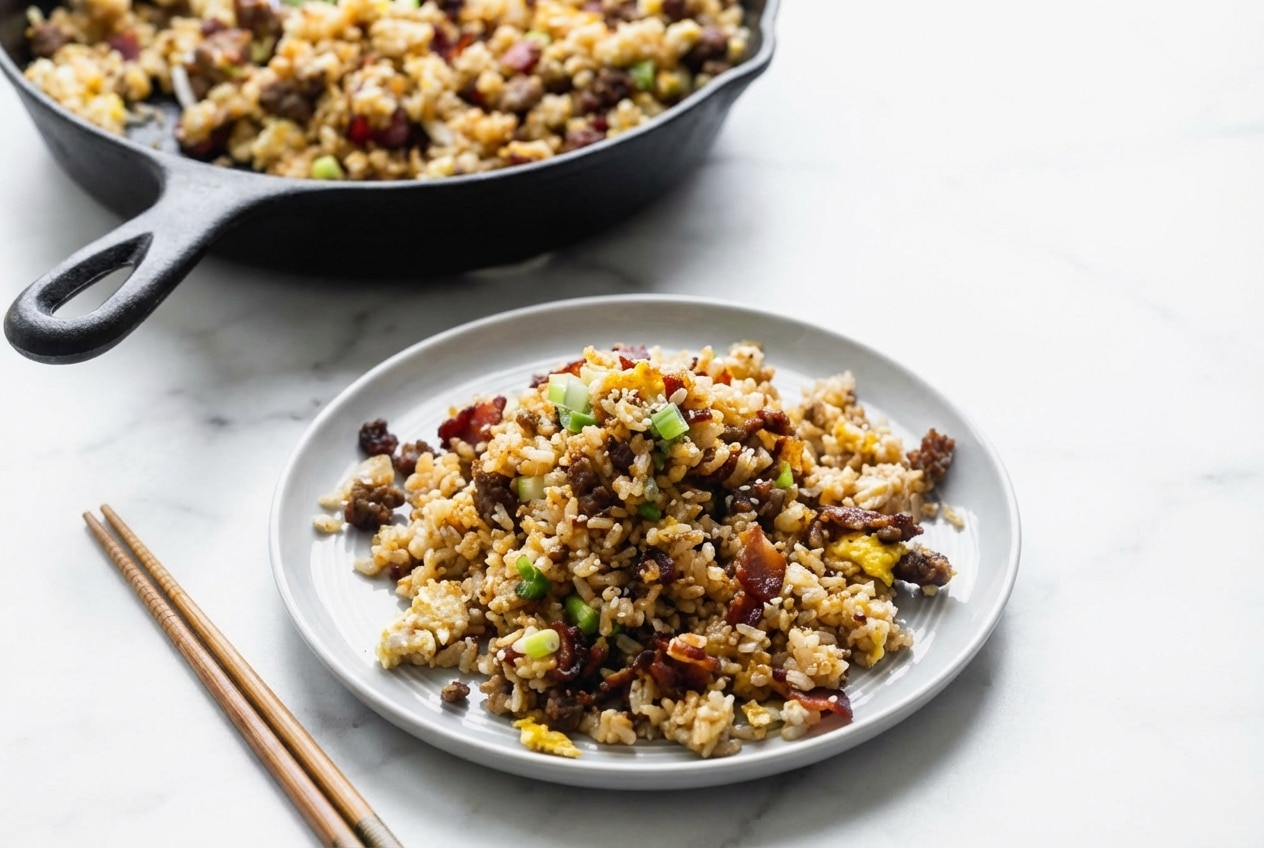 Crispy breakfast fried rice featuring a golden miso-butter finish and savory aromatics.