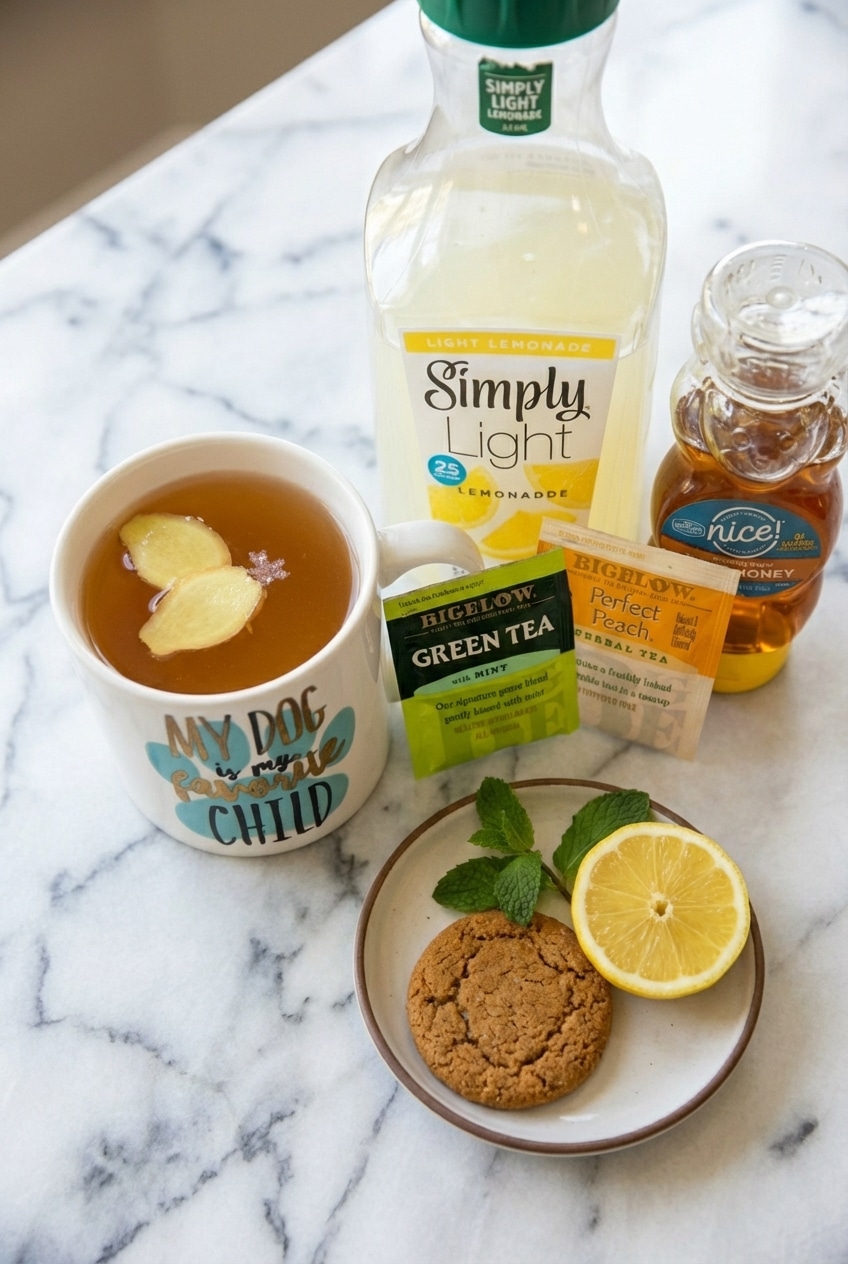 Pouring steamed lemonade into a starbucks medicine ball recipe prepared with honey and herbal tea bags.
