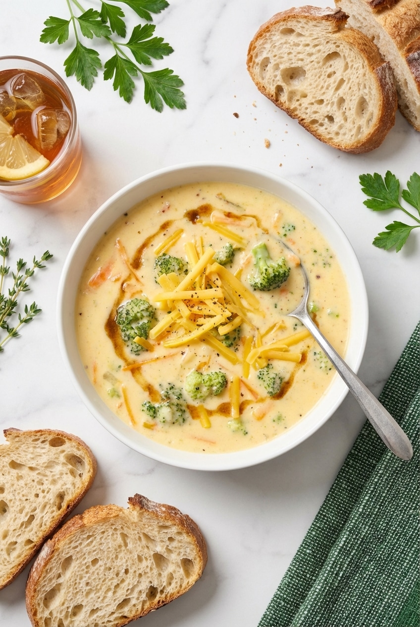 Steaming sourdough bread bowl filled with broccoli cheddar soup served on a rustic wooden table.