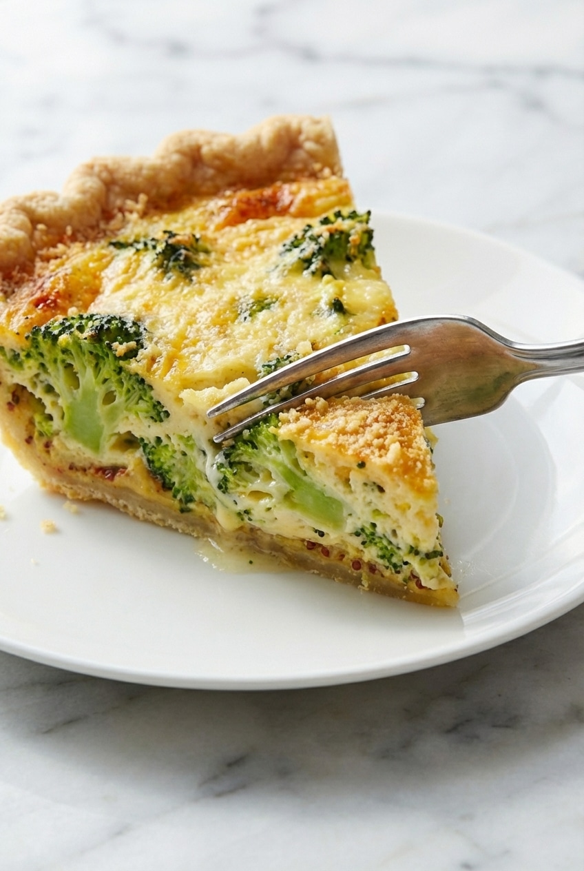 Close-up of the creamy custard and melted cheese inside a sliced broccoli cheese quiche.