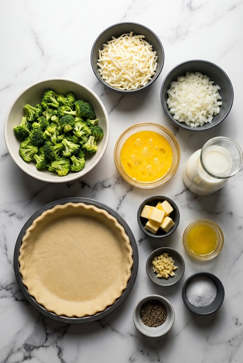 Fresh broccoli, sharp cheddar, gruyère cheese, and a deep-dish pie shell for a broccoli cheese quiche.
