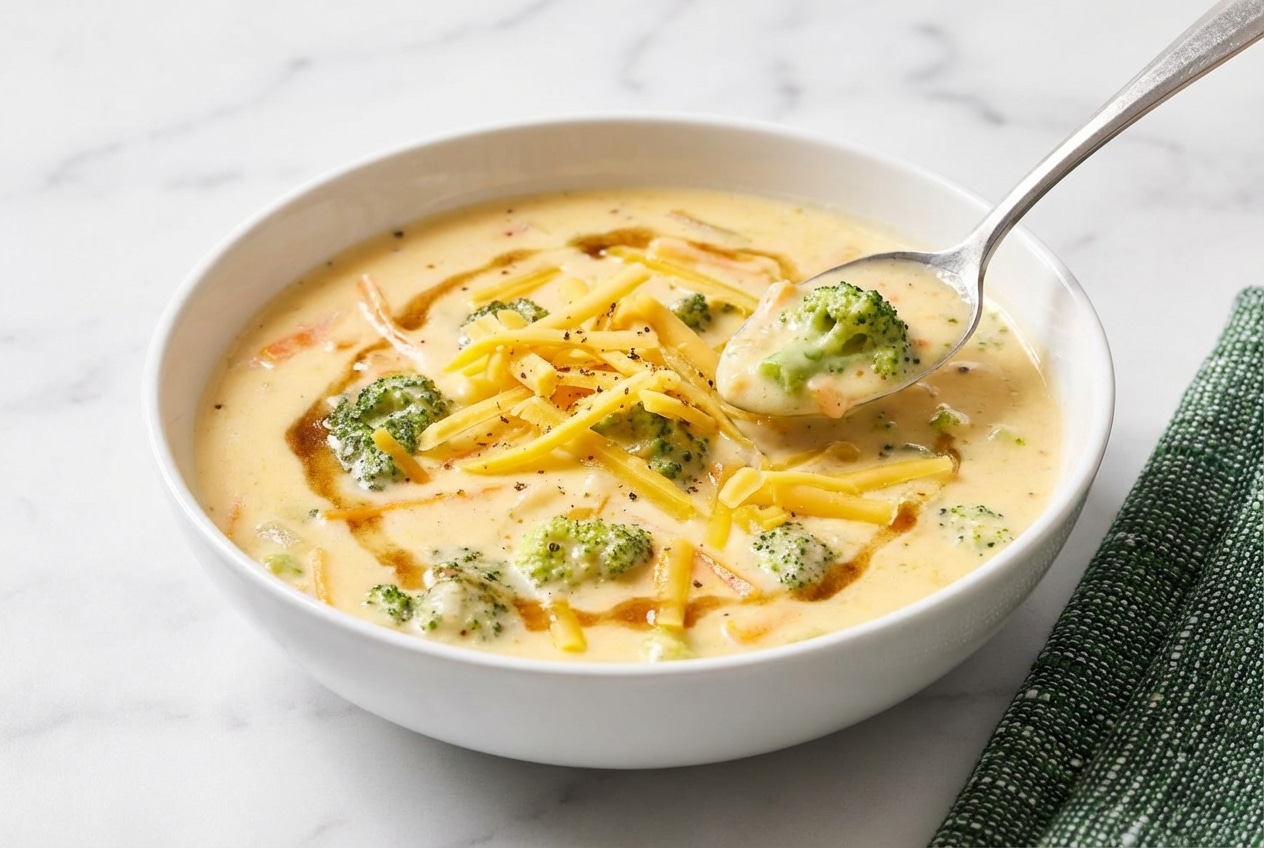 Creamy broccoli cheddar soup in a bowl, showing a rich texture from a nutty brown butter roux and sharp dijon.