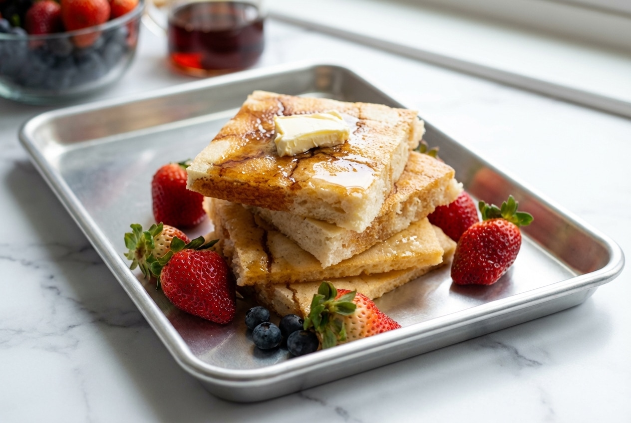 Golden brown sheet pan pancakes topped with maple syrup, showing the crispy broiled edges from the brown butter technique.