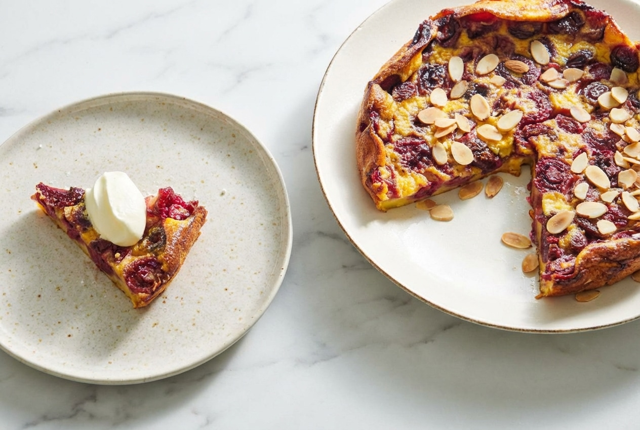 Cherry clafoutis with golden brown butter custard and a toasted almond crust in a rustic ceramic baking dish.