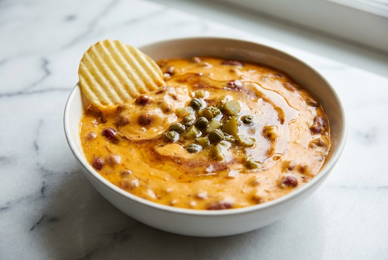 Creamy chili cheese dip in a skillet, featuring a savory brown butter and pickled brine bloom for complex depth.