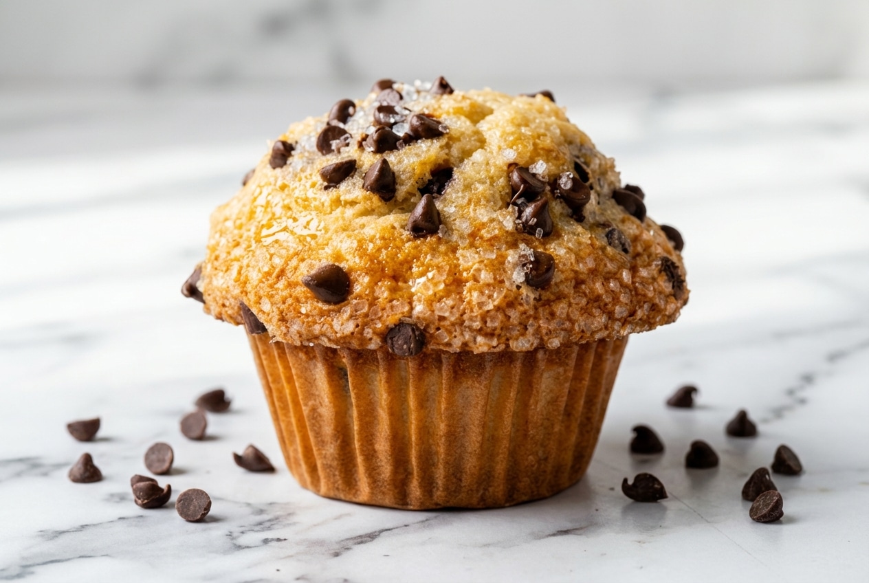 Tall bakery-style chocolate chip muffins baked with brown butter, featuring thick domed tops and melted chocolate.