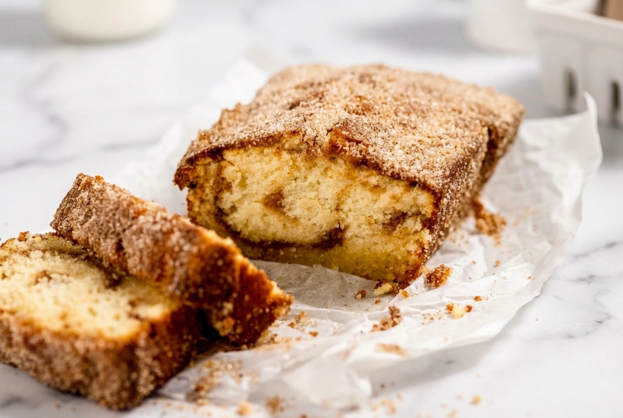 Cinnamon donut bread with a sparkling brown butter cinnamon sugar coating and golden, tender crumb.