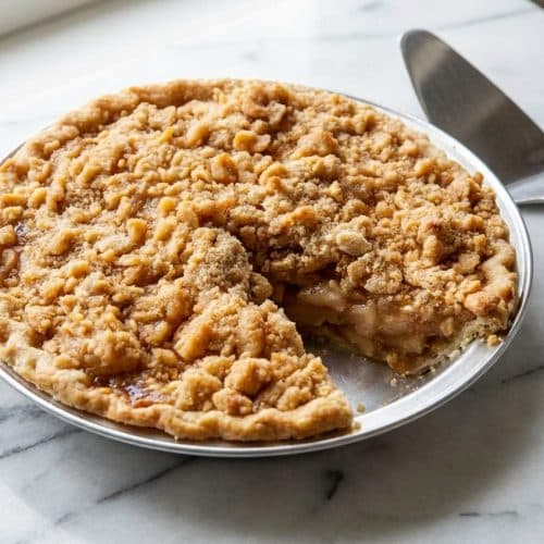Golden brown crumble topping featuring large, crunchy clusters made with brown butter on top of a baked fruit crisp